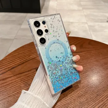 Магнитный чехол для Samsung Galaxy S24 Ultra S23 S22 Plus S23 FE, беспроводной чехол Chagre для Magsafe, эпоксидная блестящая звезда, мягкий корпус for Galaxy S23 FE фиолетовый