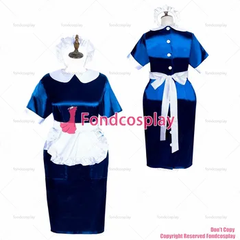 Сексуальная одежда для взрослых с надписью fondcosplay, Фотофон, короткая французская кнопка, темно-синее атласное платье с белыми кнопками, CD/TV[G3887]