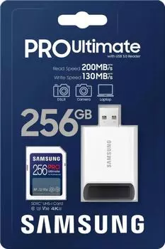 Карта памяти SDXC 256GB Samsung MB-SY256SB/WW PRO Ultimate с адаптером USB, 130/200МБ/с