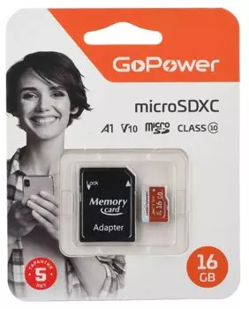 Карта памяти 16GB GoPower 00-00025678 microSDHC Class10 UHS-I (U3) 80 МБ/сек V10 с адаптером