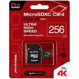 Карта памяти MicroSDXC 256GB Qumo QM256GMICSDXC10U3 Class 10 Pro UHS-I U3, SD адаптер