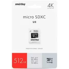 Карта памяти 512GB SmartBuy SB512GBSDCL10U3-01 MicroSDXC Class 10 Pro UHS-I U3 (70/90 Mb/s) + SD адаптер