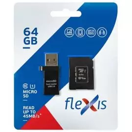 Карта памяти 64GB Flexis FX64GMSDXCU1 Class10 U1, c адаптером, USB картридером, чёрная