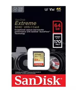 Карта памяти SDXC 64GB SanDisk SDSDXV2-064G-GNCIN Extreme Class 10 V30 UHS-I U3 170 Mb/s