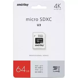 Карта памяти 64GB SmartBuy SB64GBSDCL10U3L-01 MicroSDXC Сlass 10 Pro UHS-I U3 (60/95 Mb/s) + SD адаптер