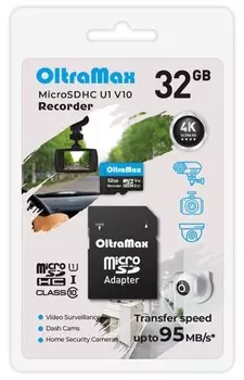 Карта памяти MicroSDHC 32GB OltraMax OM32GCSDHC10-U1-V10 Class 10 Recorder UHS-I U1 V10 (95 Mb/s) + SD адаптер