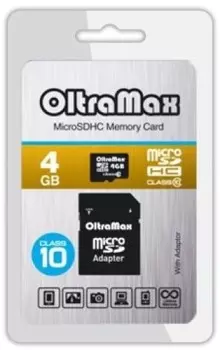 Карта памяти MicroSDHC 4GB OltraMax OM004GCSDHC10-AD Class 10 + SD адаптер
