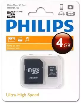 Карта памяти MicroSDHC 4GB Philips FM04MA45B/97 Class 10 (SD адаптер)