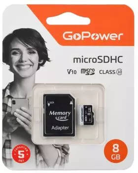 Карта памяти MicroSDHC 8GB GoPower 00-00025673 Class10 15 МБ/сек V10 с адаптером
