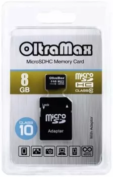 Карта памяти MicroSDHC 8GB OltraMax OM008GCSDHC10-AD Class 10 + SD адаптер