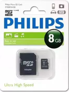Карта памяти MicroSDHC 8GB Philips FM08MA45B/97 Class 10 (SD адаптер)