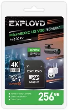 Карта памяти MicroSDXC 256GB Exployd EX256GCSDXC10-U3-V30 Class 10 Vision UHS-I U3 V30 (95 Mb/s) + SD адаптер