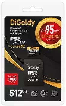 Карта памяти MicroSDXC 512GB DiGoldy DG512GCSDXC10UHS-1-ElU3 Class 10 Extreme Pro UHS-I U3 (95 Mb/s) + SD адаптер