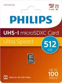 Карта памяти MicroSDXC 512GB Philips FM51MD55B/97 High Speed Class UHS-I U3, V30, A1, 100MB/s