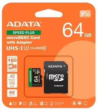 Карта памяти MicroSDXC 64GB ADATA UD64GUI3V30A2SP-RA1 Class 10 UHS-I U3 V30 A2 160/140 MB/s (SD адаптер)