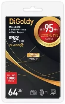 Карта памяти MicroSDXC 64GB DiGoldy DG064GCSDXC10UHS-1-ElU3 w Class 10 Extreme Pro UHS-I U3 (95 Mb/s) без адаптера