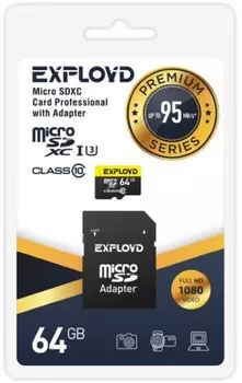 Карта памяти MicroSDXC 64GB Exployd EX064GCSDXC10UHS-1-ElU3 Class 10 Premium UHS-I U3 (95 Mb/s) + SD адаптер