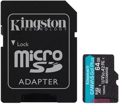 Карта памяти MicroSDXC 64GB Kingston SDCG4/64GB Go Plus G4 200R V30, с адаптером