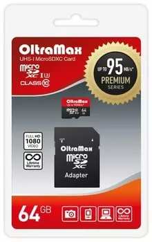Карта памяти MicroSDXC 64GB OltraMax OM064GCSDXC10UHS-1-PrU3 Class 10 Premium UHS-I U3 (95 Mb/s) + SD адаптер