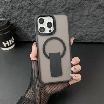 Роскошная жесткая магнитная подставка для чехла Magsafe Armor для iPhone 15 14 13 12 11 Pro Max Plus, полупрозрачный противоударный гибридный чехол для ПК For iPhone 12 Pro розовый