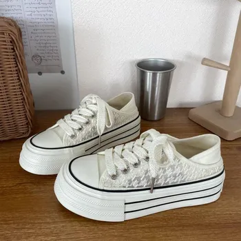Lace Mesh Women s Canvas Shoes New Thick Bottom Increased Two Wear Summer Thin Niche Breathable Easy Wear Borad Shoe 35 бежевый