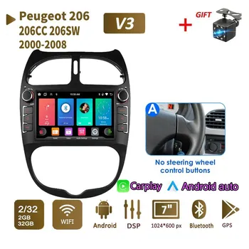 Автомобильный радиоприемник мультимедийный проигрыватель для PEUGEOT 206 206CC 206SW 2000-2008 2 Din Android Carplay GPS Авторадио 2+64 ГБ 1+32GB,A чёрный