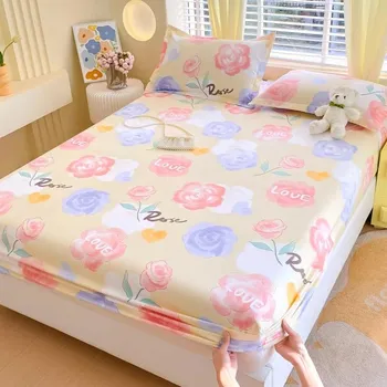 3Pcs Pink Floral Fitted Sheet Set Rose Pattern Elastic Mattress Cover Skin-friendly Comfortable Non-slip Bed Cover Bedding Set 120x200x25cm 3Pcs