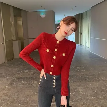 Xiaoxiangfeng Knitted Top Women s Autumn and Winter New Short Style Slimming Long-sleeved Knitted Sweater for Women One size