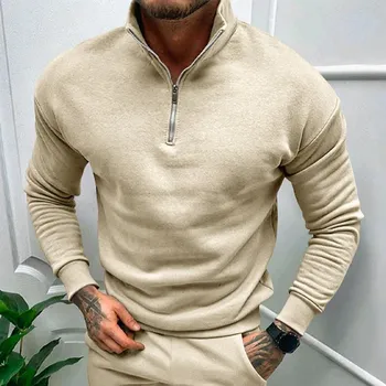Hoodie Men s Autumn and Winter Cashmere Solid Color Long Sleeve POLO Stand Collar Solid Color Men s Coat S белый