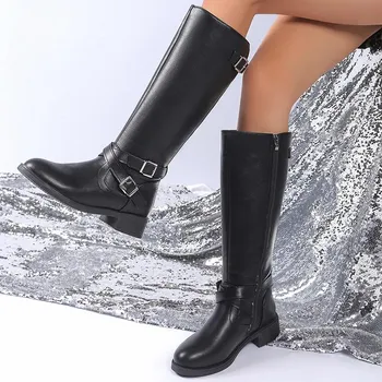 Fashion Women Leather High Boots Fashion Knee High Shoes Woman 2025 Trend Winter Designer New Low Heels Motorcycle Boots Mujer Botas 35 коричневый
