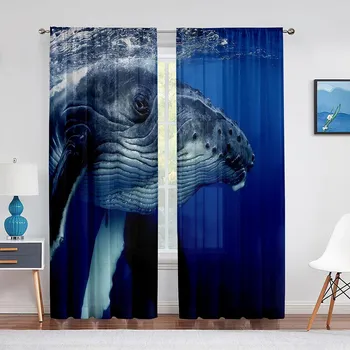 Watercolor Whale Underwater Animal Psychedelic Sheer Window Curtains for Living Room Bedroom Home Decor Chiffon Tulle Curtain 1 PCS W100XH250cm&Rod Pocket