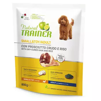 Trainer Natural Small and Toy корм для собак мелких и миниатюрных пород, с сыровяленой ветчиной и рисом, 800 г