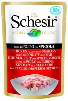 Schesir консервы д/кошек Цыпленок с Морским окунем, пауч 50г