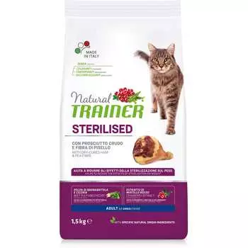 Trainer Natural Adult Sterilised корм для стерилизованных кошек старше 1 года, с сыровяленой ветчиной, 1,5 кг