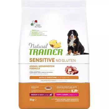 Trainer Natural No Gluten Medium/Maxi Puppy корм для щенков средних и крупныхпород, с уткой и рисом, 3 кг