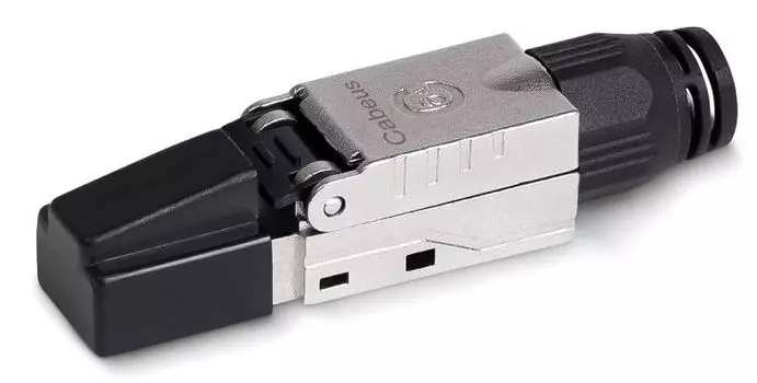 Коннектор Cabeus 8P8C-SH-C7-TWP-F с фиксатором кабеля и колпачком RJ-45(8P8C) под витую пару, категория 7, экранированный, для одножильного кабеля, со