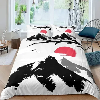 Постельное белье в японском стиле Mountain Peak для женщин и мужчин, расписанное тушью, пододеяльник, ручная роспись, для украшения спальни, серый, белый 135x200cm 2pcs