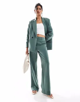 Широкие брюки Vero Moda с узором «ёлочка» в цвете «тёмно-зелёный»