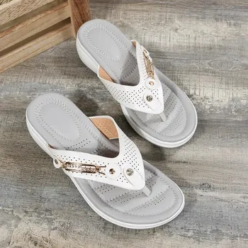 Fashion Women 2024 Summer Wedges Clip Toe Sandals Outdoor Slippers Casual Ladies Beach Shoes Metal Button Flip Flops Slides Footwear 36 бежевый