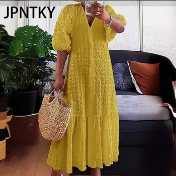 JPNTKY Летняя женская туника с оборками и V-образным вырезом, на пуговицах, с тонкими рукавами-фонариками, повседневная свободная длинная рубашка размера плюс S белый