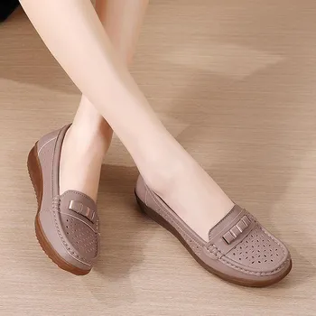 Женские мокасины Hollow Loafers из мягкой кожи, летние повседневные бежевые мокасины для ходьбы для мамы EU: 36 слоновая кость