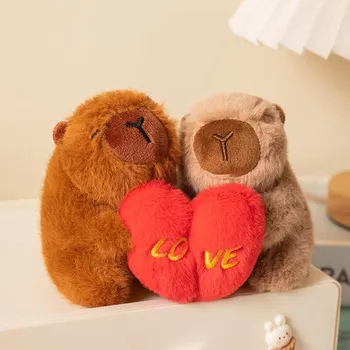 Kawaii Cartoon Stuffed Capybara Plush Toys Animal Couple Capybara Hold Heart Toys Romantic Doll Pendant Perfect Gift For Lover about 12cm