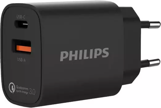 Сетевое зарядное устройство PHILIPS DLP4317 20 Вт, USB, EU, USB type-C, Quick Charge, PD, черный (DLP4317CB/70)