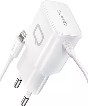 Сетевое зарядное устройство Qumo Energy (Charger 0026), 8-pin Lightning, 2.1A, белый ( 30550), встроенный кабель Lighting 8-pin