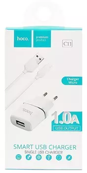 Сетевое зарядное устройство Hoco C11 5 Вт, USB, 1А, белый, кабель microUSB