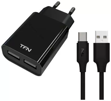 Сетевое зарядное устройство TFN WC2U24AUSBCBK, 2USB, 2.4A, черный (TFN-WC2U24AUSBCBK), кабель USB Type C