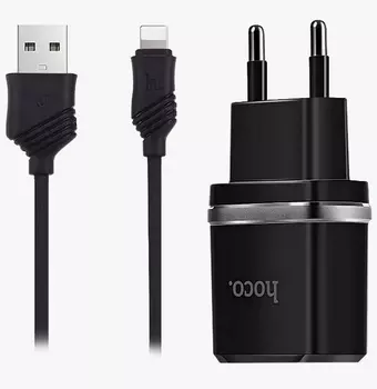 Сетевое зарядное устройство Hoco c12 12W, 2USB, 1.5A, черный, кабель Lightning