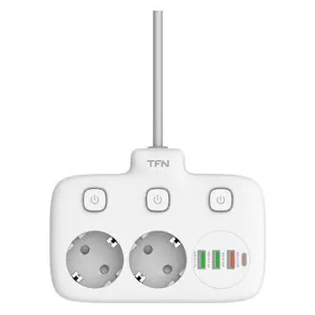 Сетевой фильтр TFN POWER 2, 2-розетки, 3xUSB, 1xUSB Type-C, 1.5 м, белый (TFN-POWER2WH)