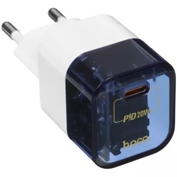 Сетевое зарядное устройство Hoco Transparent C125A 20 Вт, EU, USB type-C, Quick Charge, PD, белый/синий (6931474798343)