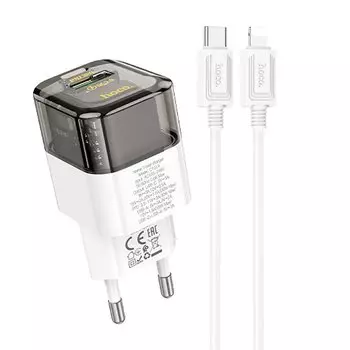 Сетевое зарядное устройство Hoco Transparent C131a 30 Вт, USB, EU, USB type-C, Quick Charge, PD, черный/белый (6942007609845), кабель Lightning/Type-C